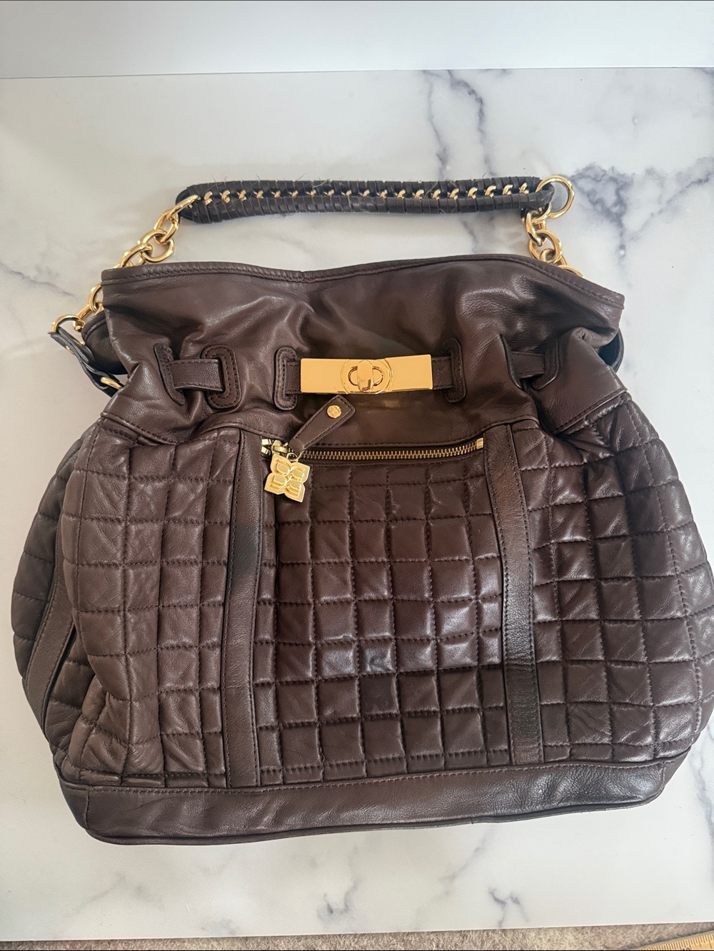 Quilted Brown Leather BCBG Max Mara Shoulder Bag with Gold Hardware